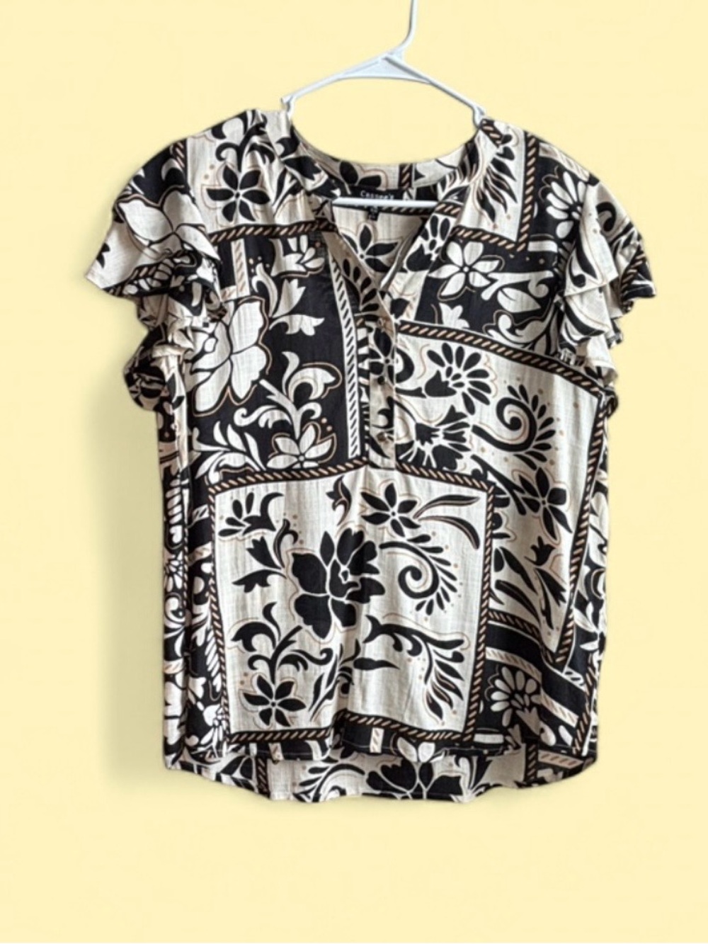 Black & Cream Floral Patchwork Ruffle-Sleeve Blouse
